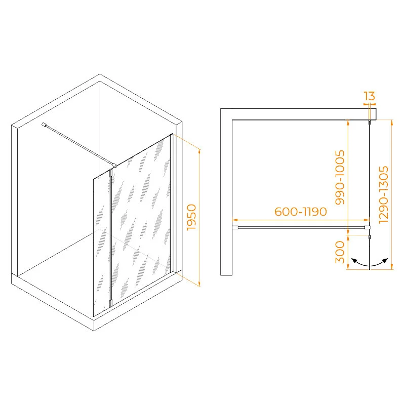 Душевая перегородка RGW Walk In 351005103-14 100х195 стекло прозрачное профиль черный