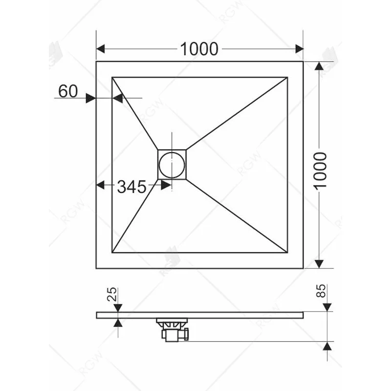 Душевой поддон RGW ST-G 100 х 100 см, квадратный, из искусственного камня, графит, 16152100-02