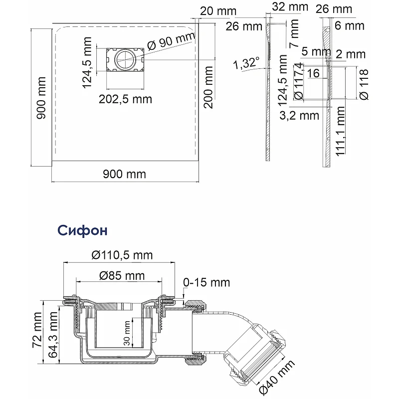 Душевой поддон из стеклопластика WasserKRAFT Main 90x90 41T03 Белый матовый