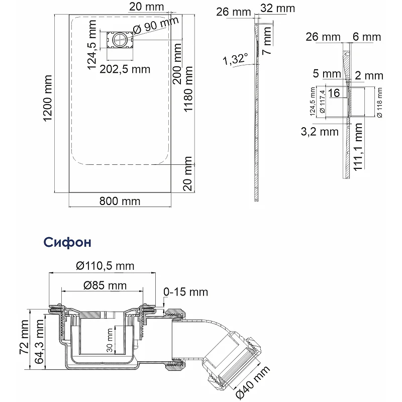 Душевой поддон из стеклопластика WasserKRAFT Elbe 120x80 74T06 Черный матовый