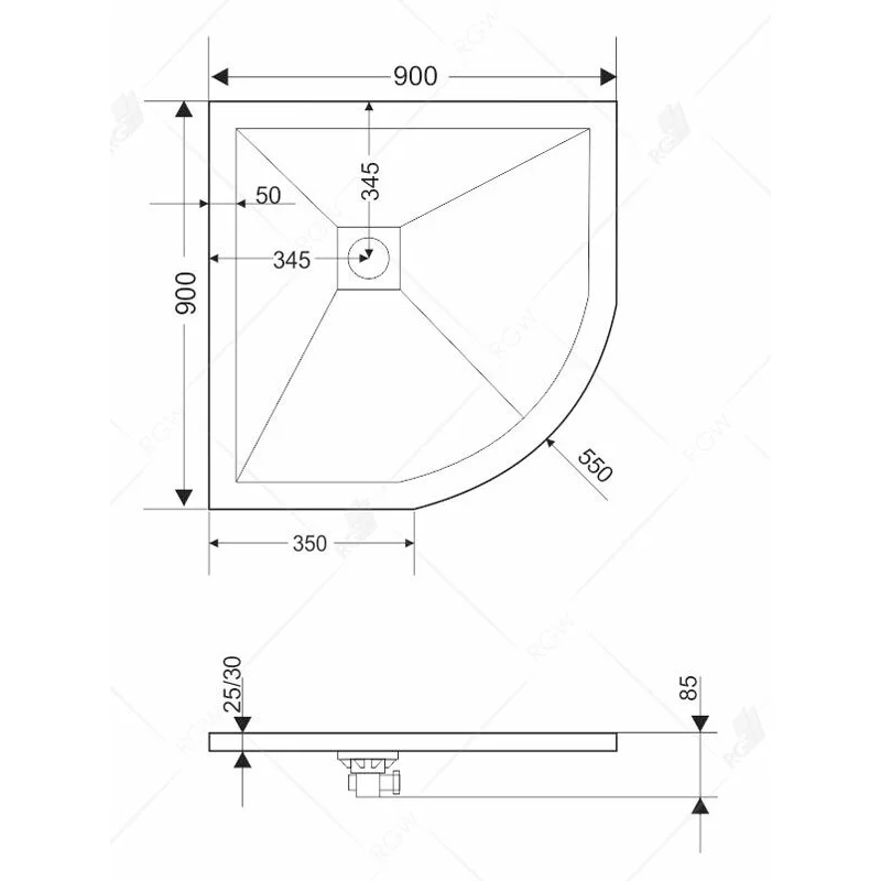 Душевой поддон RGW ST/R-G 100 x 100 см, четверть круга, из искусственного камня, графит, 16153100-02