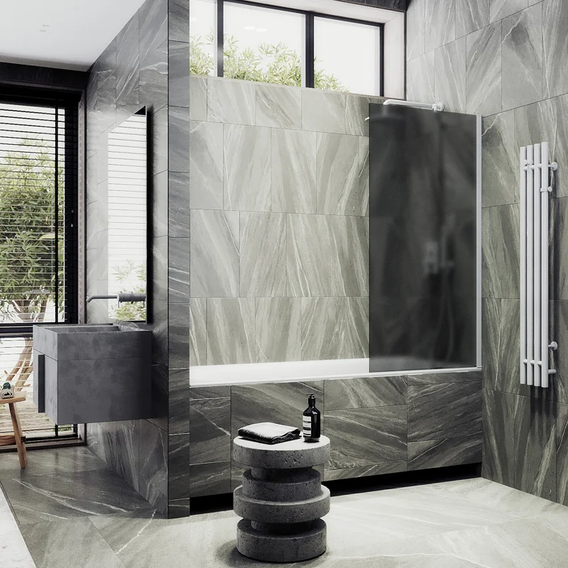 Шторка на ванну Maybah Glass MGV-86-1ш 600x1400 в широком профиле Белый стекло графитовое матовое