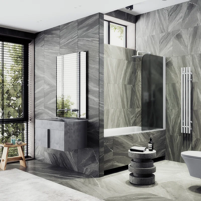 Шторка на ванну Maybah Glass MGV-614-1 600x1400 поворотная на монопетле Белый стекло графитовое матовое