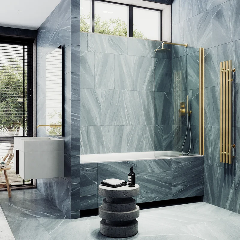 Шторка на ванну Maybah Glass MGV-597-3 500x1400 поворотная на монопетле Золото стекло прозрачное