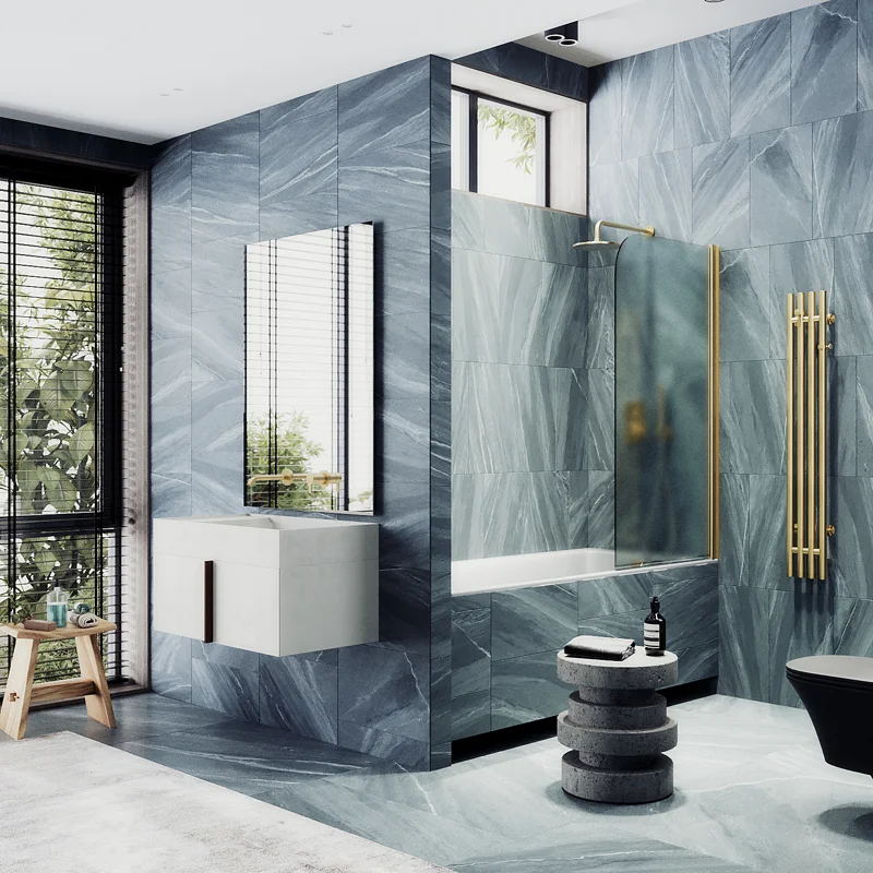 Шторка на ванну Maybah Glass MGV-610-3 500x1400 поворотная на монопетле Золото стекло сатиновое