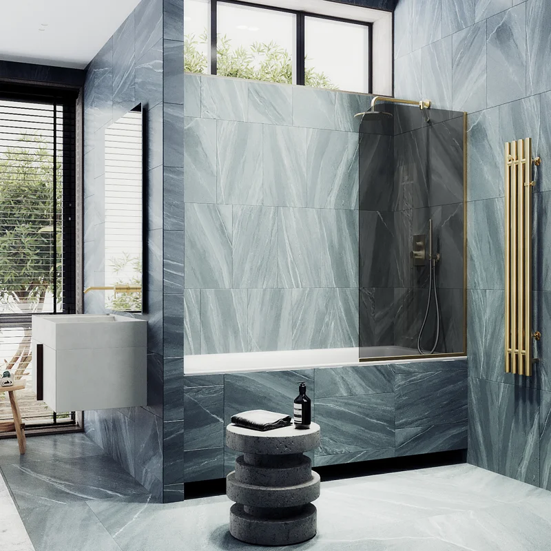 Шторка на ванну Maybah Glass MGV-152-3у 740x1400 в узком профиле Золото стекло графитовое