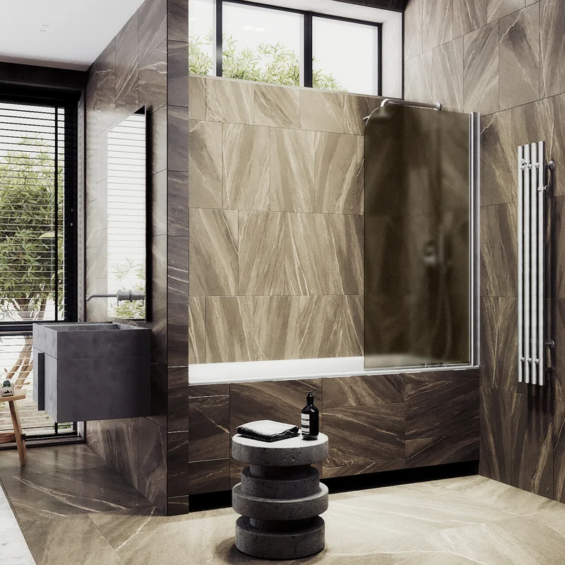 Шторка на ванну Maybah Glass MGV-612-5 600x1400 поворотная на монопетле Хром матовый стекло бронзовое матовое