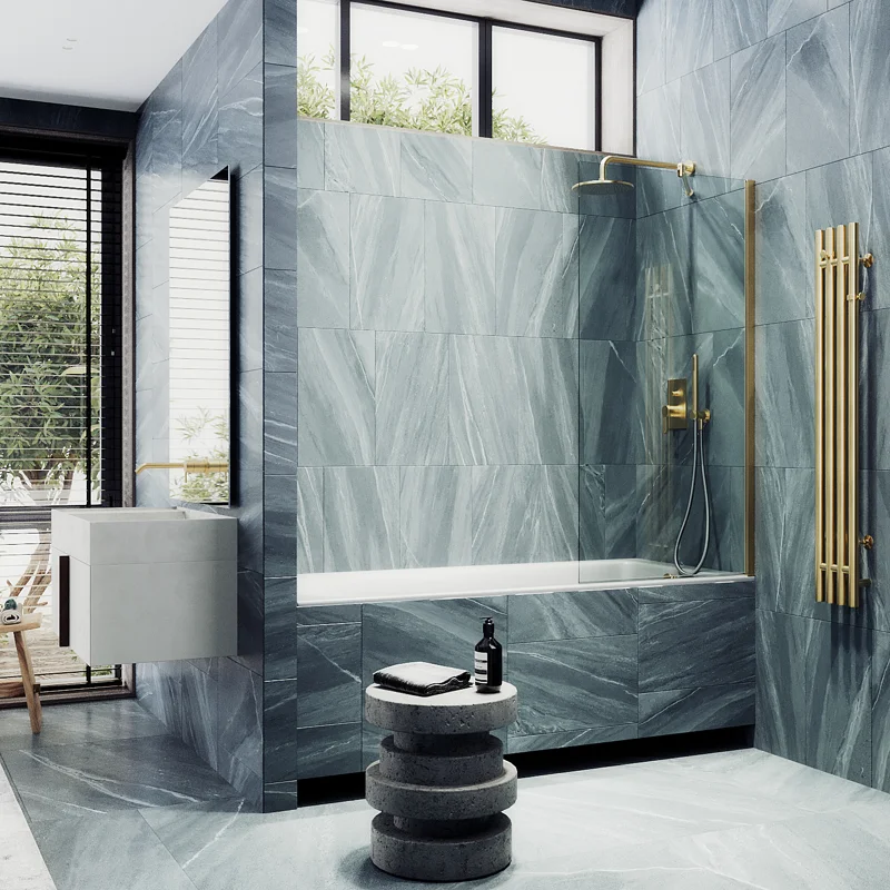 Шторка на ванну Maybah Glass MGV-248-3ш 300x1400 в широком профиле Золото стекло прозрачное