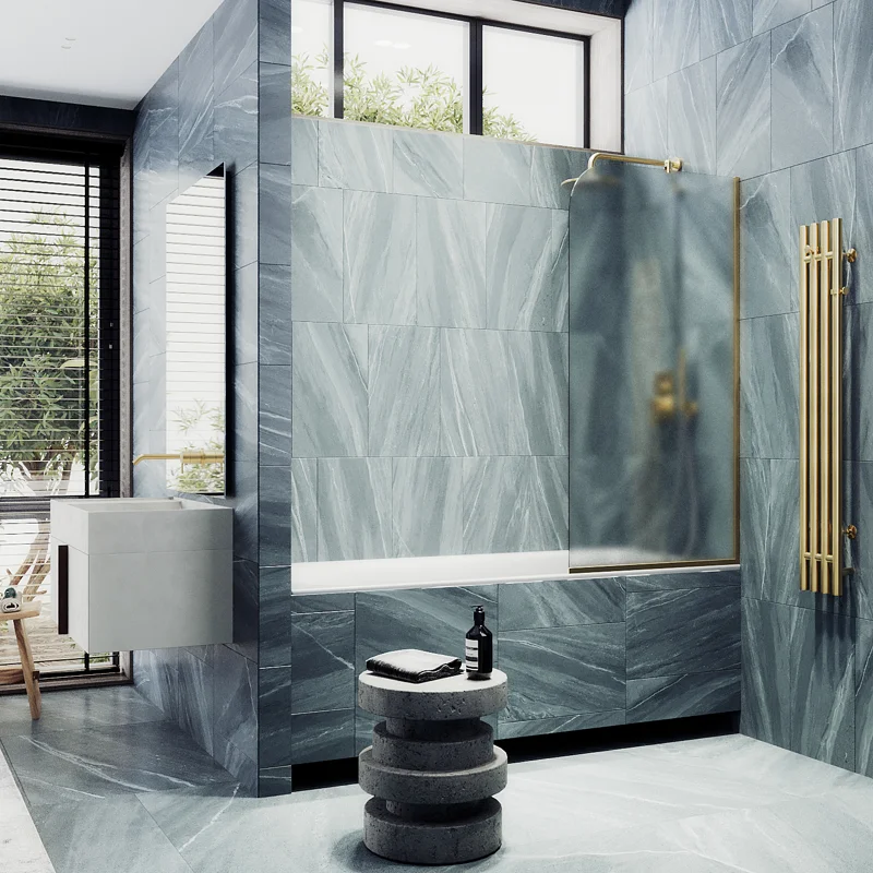 Шторка на ванну Maybah Glass MGV-253-3у 300x1400 в узком профиле Золото стекло сатиновое