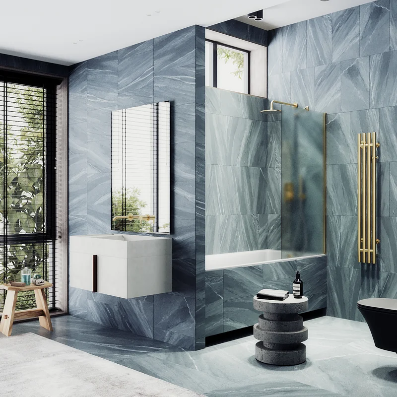 Шторка на ванну Maybah Glass MGV-253-3ш 300x1400 в широком профиле Золото стекло сатиновое