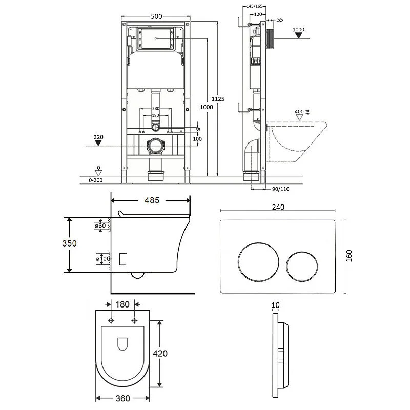 Orange CI01-100W+APB188 Унитаз подвесной безободковый белый с инсталляцией, микролифт, кнопка смыва белая