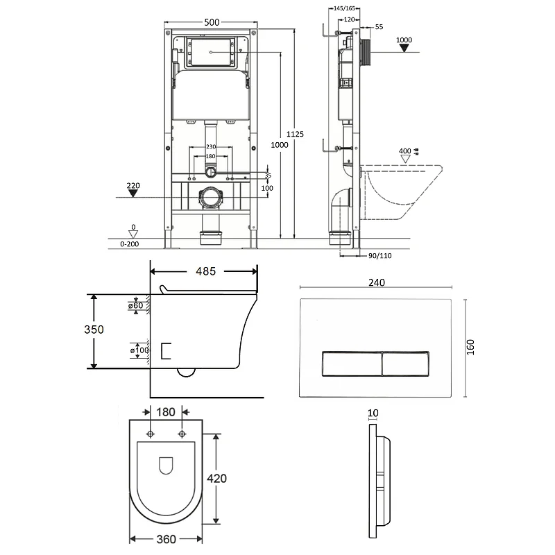 Orange CI01-100W+APB244 Унитаз подвесной безободковый белый с инсталляцией, микролифт, кнопка смыва черная