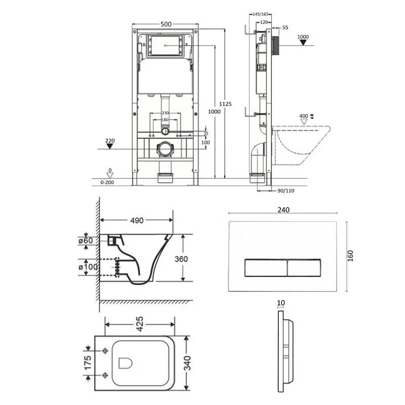 Orange CI02-100W+APB288 Унитаз подвесной безободковый белый с инсталляцией, микролифт, кнопка смыва белая