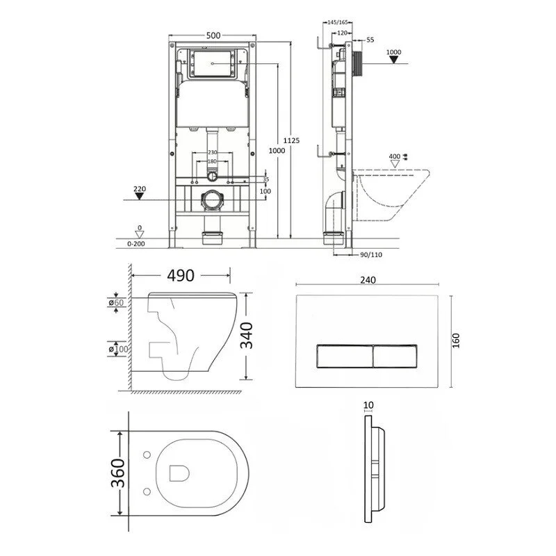 Orange CI07-100W+APB288 Унитаз подвесной безободковый белый с инсталляцией, микролифт, кнопка смыва белая