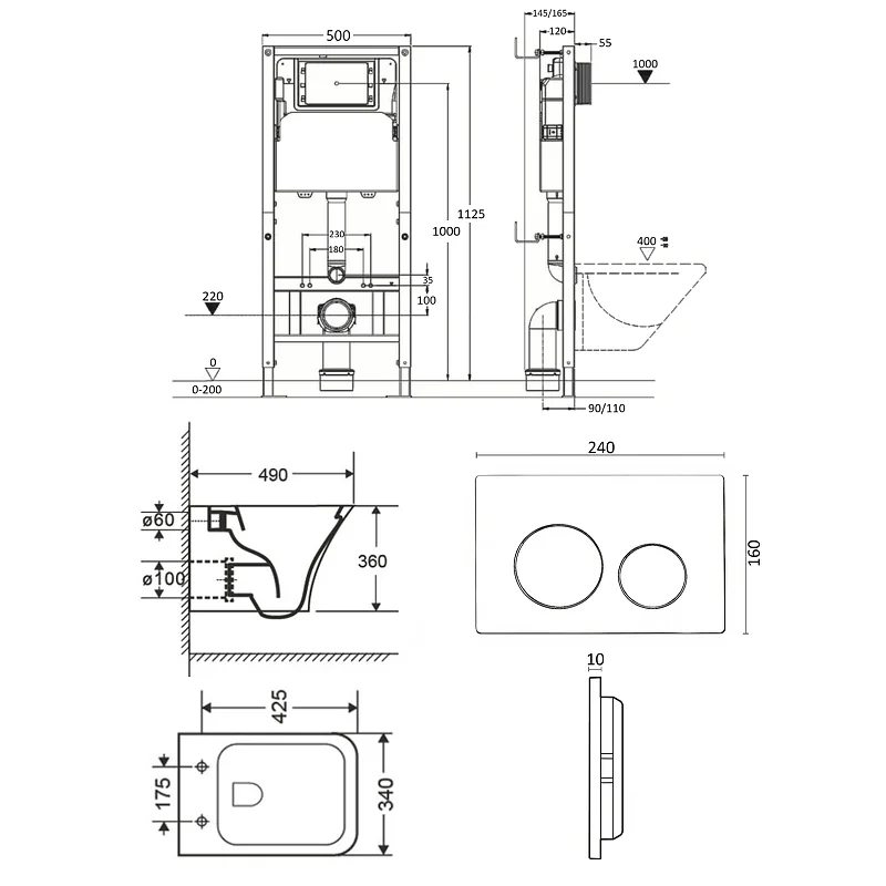 Orange CI02-100W+APB144 Унитаз подвесной безободковый белый с инсталляцией, микролифт, кнопка смыва черная