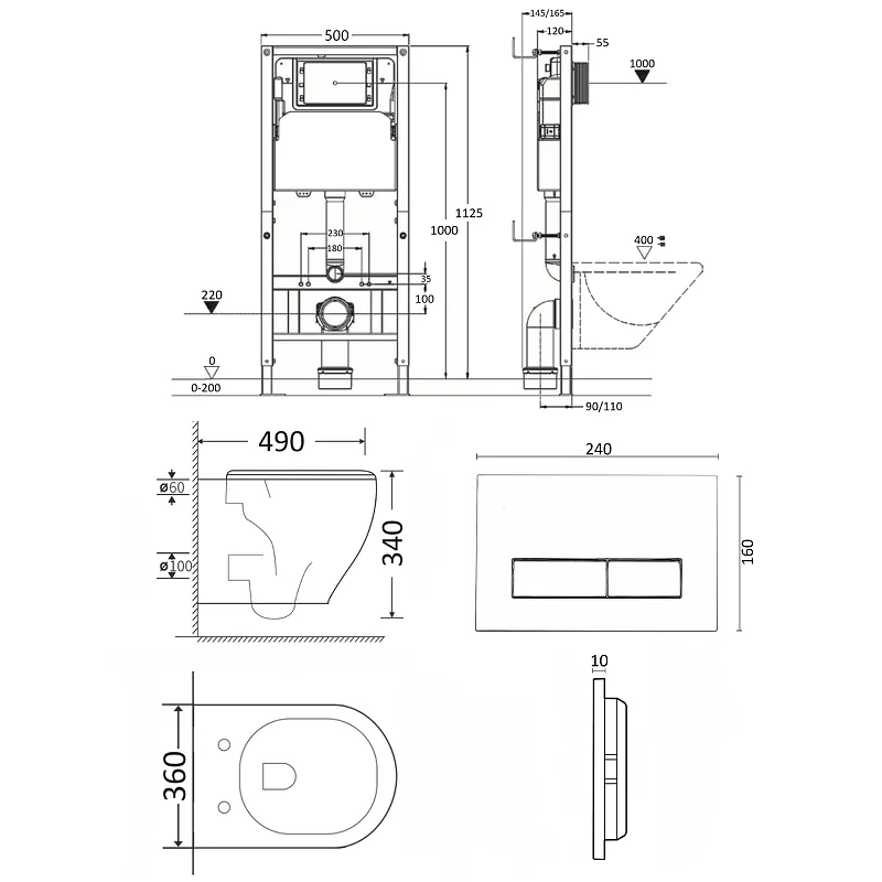 Orange CI07-150W+APB244 Унитаз подвесной безободковый белый с инсталляцией, микролифт, кнопка смыва черная