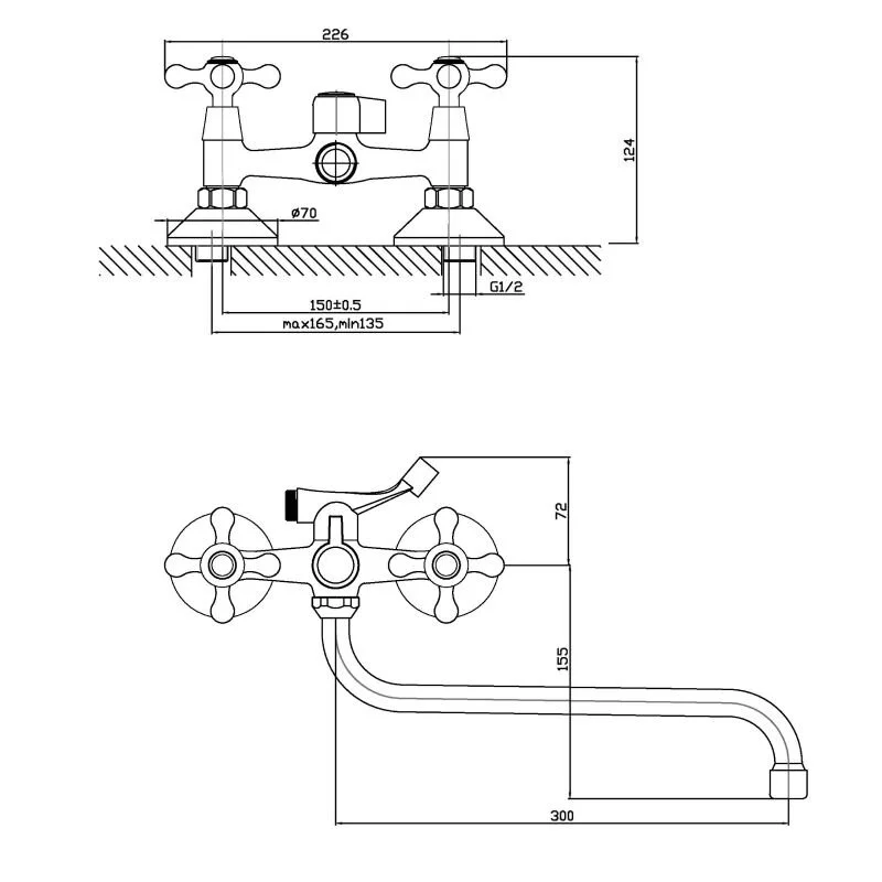 Orange Classic Pro M72-222cr смеситель для ванны двухвентильный универсальный с душевым набором, хром