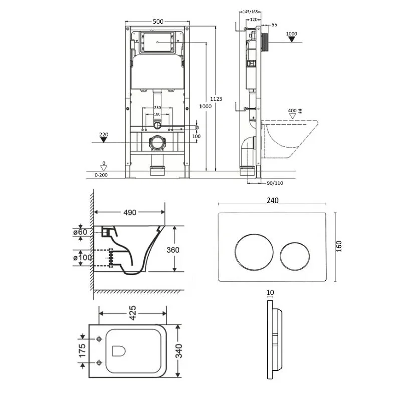 Orange CI02-100W+APB188 Унитаз подвесной безободковый белый с инсталляцией, микролифт, кнопка смыва белая
