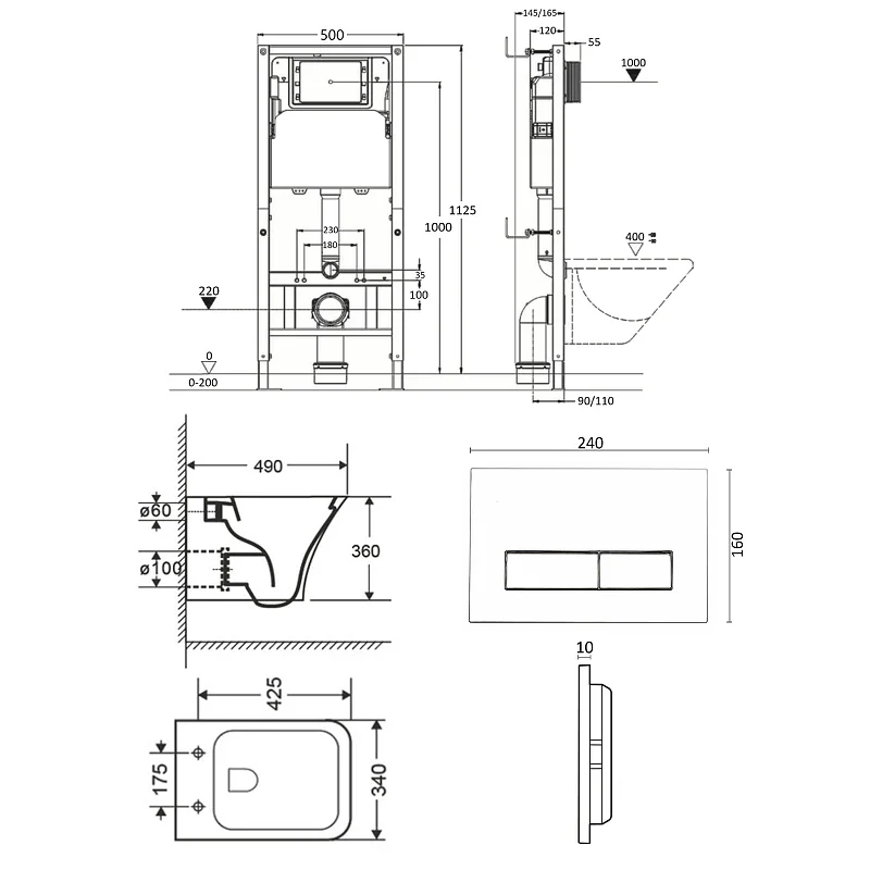 Orange CI02-100W+APB200 Унитаз подвесной безободковый белый с инсталляцией, микролифт, кнопка смыва хром