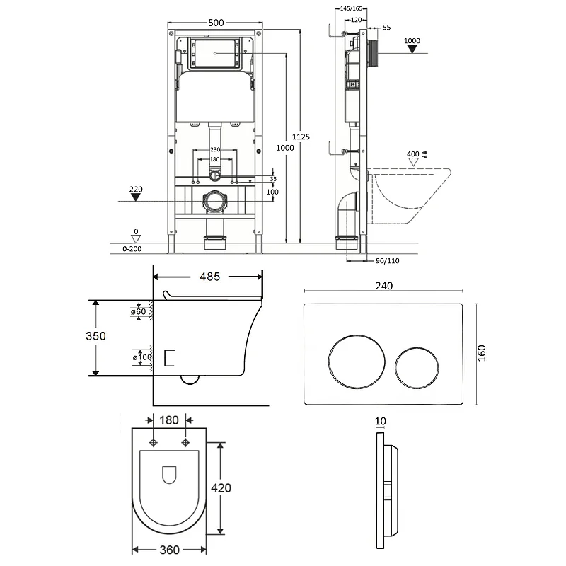 Orange CI01-100W+APB100 Унитаз подвесной безободковый белый с инсталляцией, микролифт, кнопка смыва хром