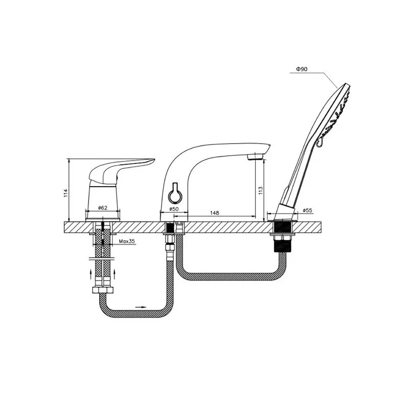 Orange M60-333w смеситель на борт ванны однорычажный с душевым набором, белый