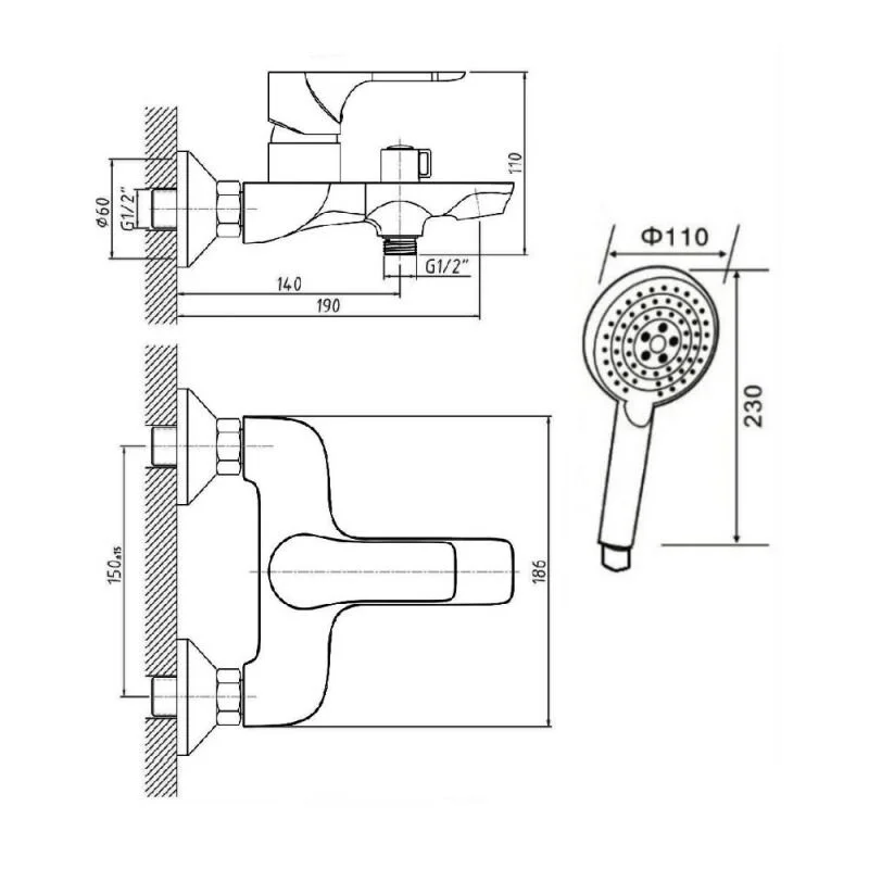 Orange Aristo M19-300b смеситель для ванны/душа однорычажный с душевым набором, черный