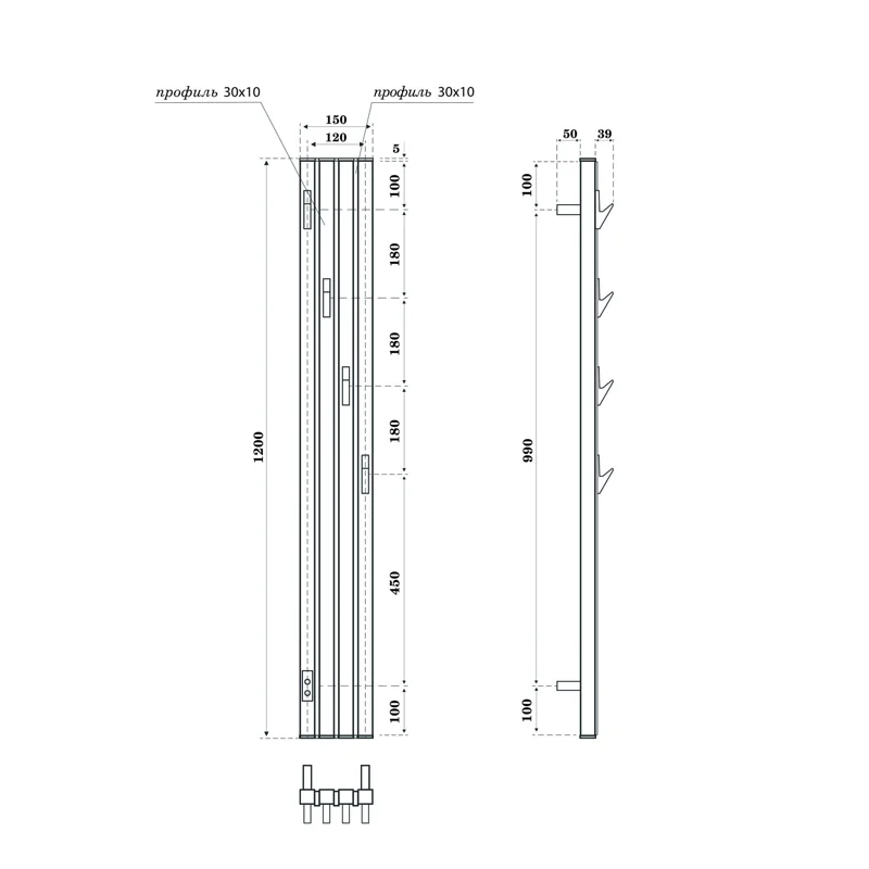 Полотенцесушитель электрический Point Пиано PN19722WC 150x1200 диммер слева, белый/хром