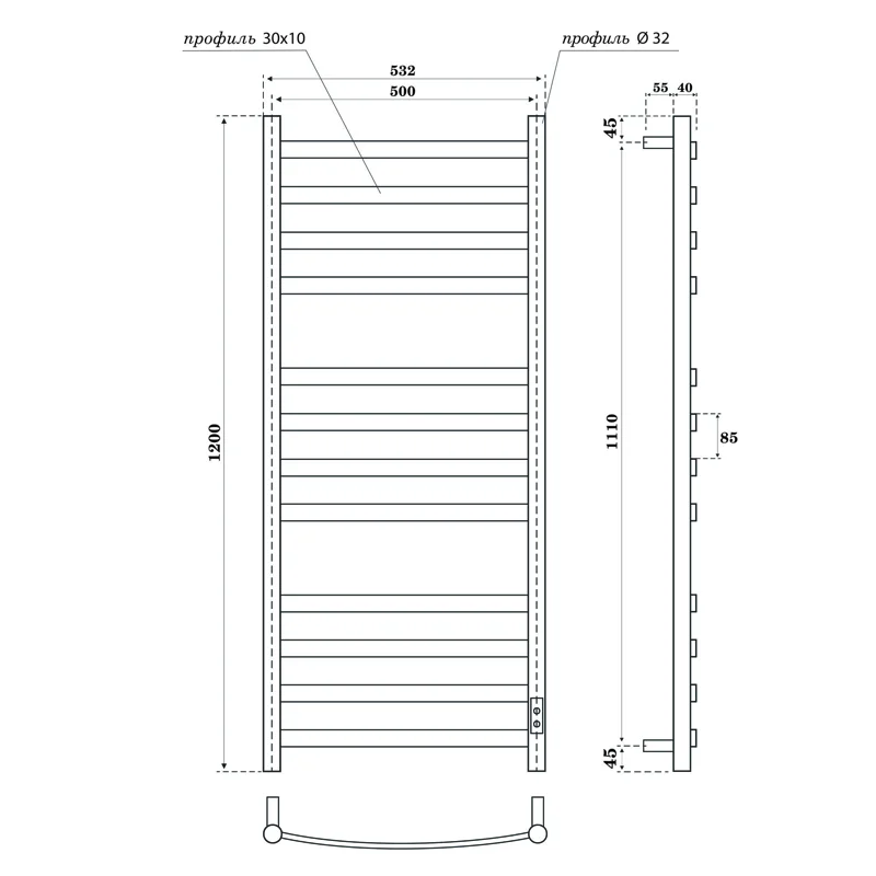 Полотенцесушитель электрический Point Антея PN17852W П12 500x1200, диммер справа, белый