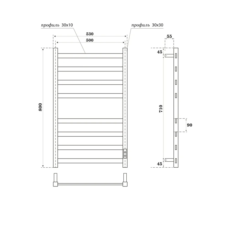 Полотенцесушитель электрический Point Меркурий PN83858GR П8 500x800, диммер справа, графит премиум