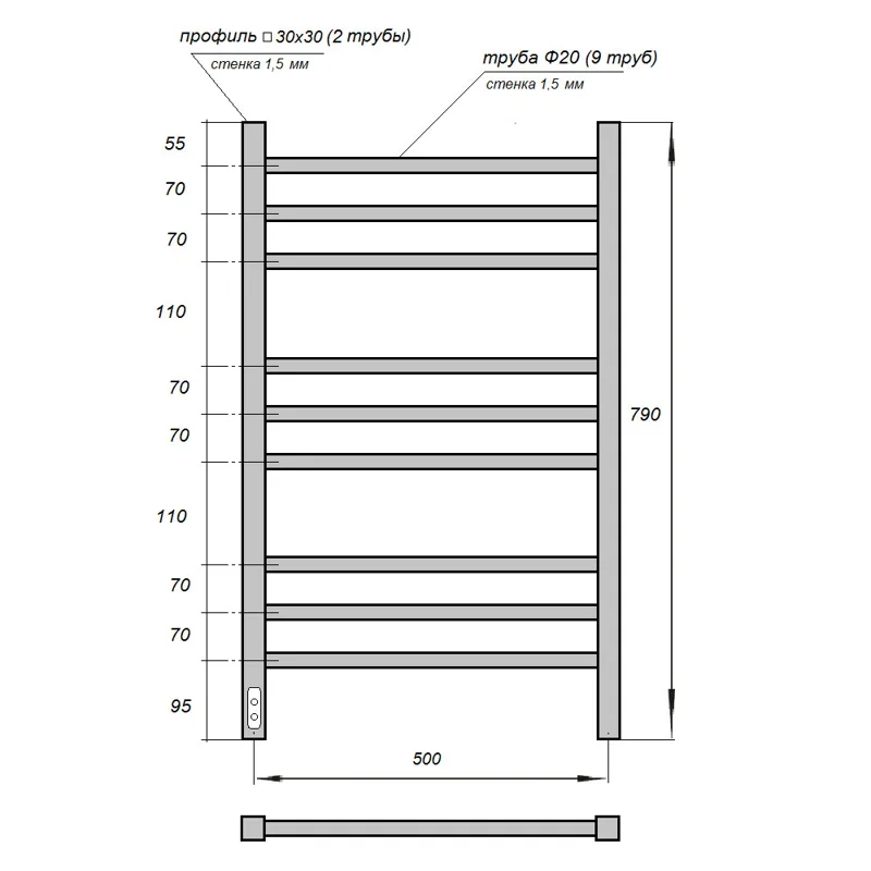 Полотенцесушитель электрический Point Веста PN70758B П9 500x800, диммер слева, черный