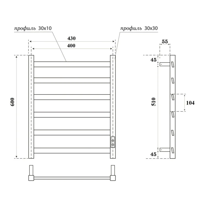 Полотенцесушитель электрический Point Атлант PN18846B П6 400x600, диммер справа, черный