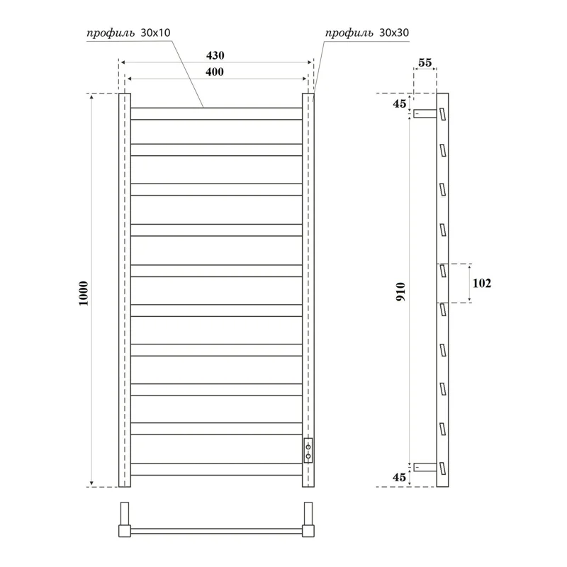 Полотенцесушитель электрический Point Атлант PN18840W П10 400x1000, диммер справа, белый