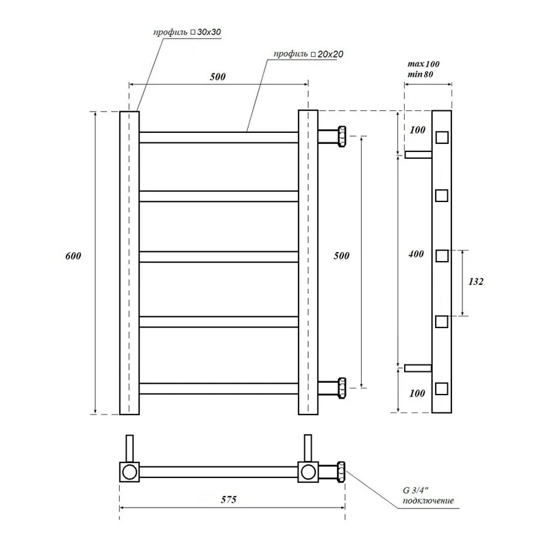 Полотенцесушитель водяной Point Вега PN71556 П5 500x600 с боковым подключением 500, хром