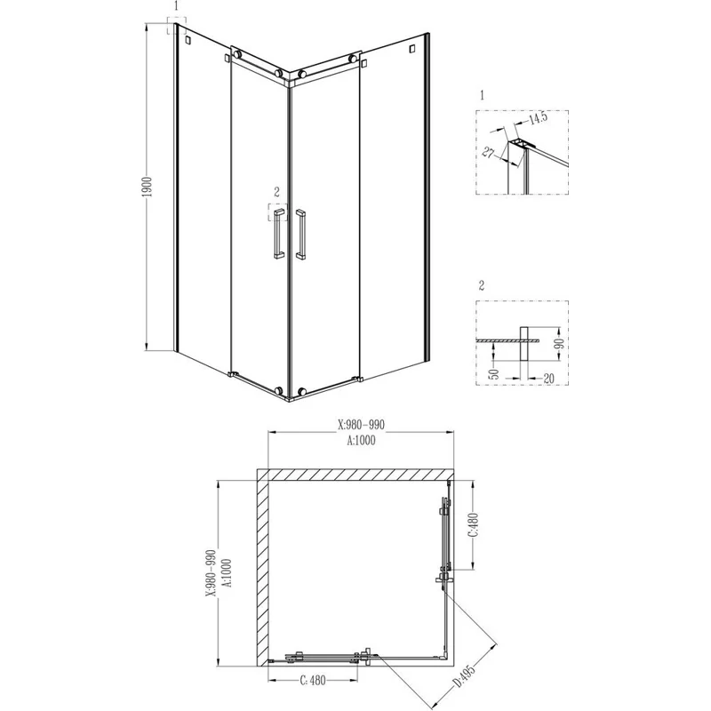 Душевой уголок Grossman GR-1100 Cosmo 100*100*190 квадрат, двери раздвижные 2 места