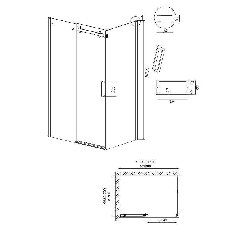 Душевой уголок Grossman 120.K33.04.1370.10.00 Classic (130*70*195) хром, стекло прозрачное, 2 места