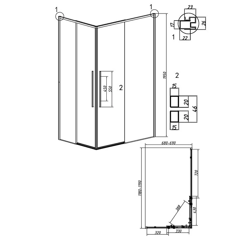Душевой уголок Grossman 300.K33.01.1270.32.00 Galaxy (120*70*195) золото сатин, стекло прозрачное, 2 места