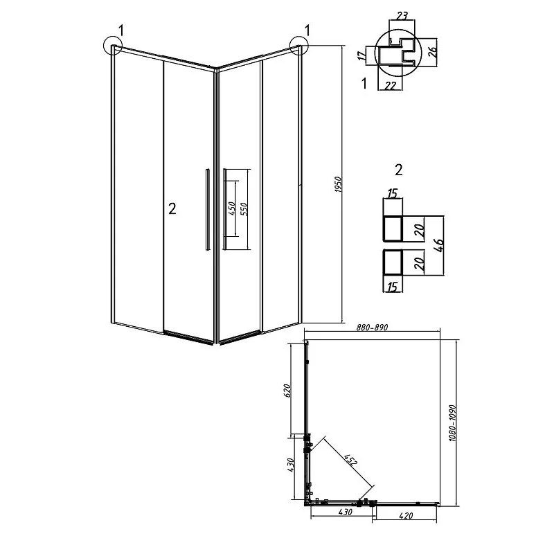Душевой уголок Grossman 300.K33.01.1190.21.02 Galaxy (110*90*195) черный матовый, стекло шиншилла, 2 места