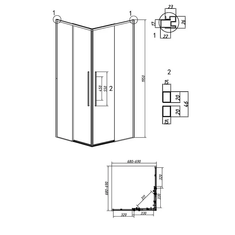 Душевой уголок Grossman 300.K33.01.7070.21.02 Galaxy (70*70*195) черный матовый, стекло шиншилла, 2 места