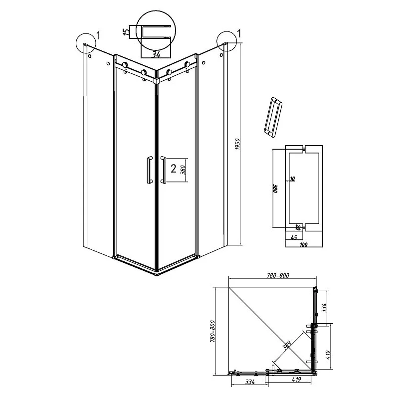 Душевой уголок Grossman 300.K33.04.8080.10.00 Classic (80*80*195) квадрат,раздвижная,хром,стекло прозрачное, 2 места