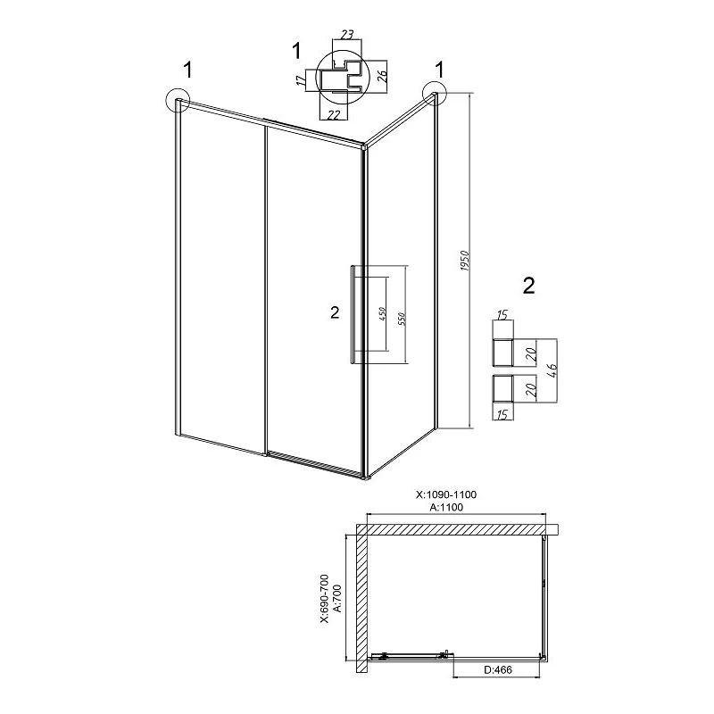 Душевой уголок Grossman 120.K33.01.1170.21.10 Galaxy (110*70*195) черный матовый, стекло тонированное, 2 мест