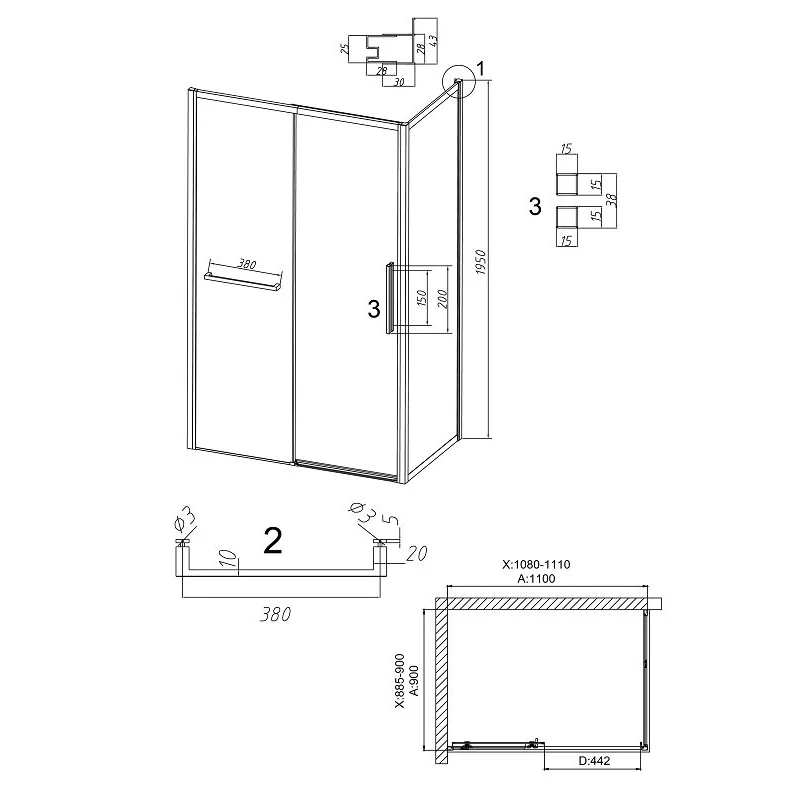 Душевой уголок Grossman 120.K33.05.1190.21.02 Style (110*90*195) черный матовый, стекло шиншилла, 2 места