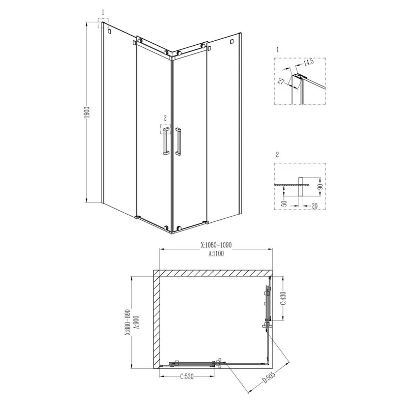 Душевой уголок Grossman GR-1110R Cosmo 110*90*190 прямоугольник, двери раздвижные 2 места