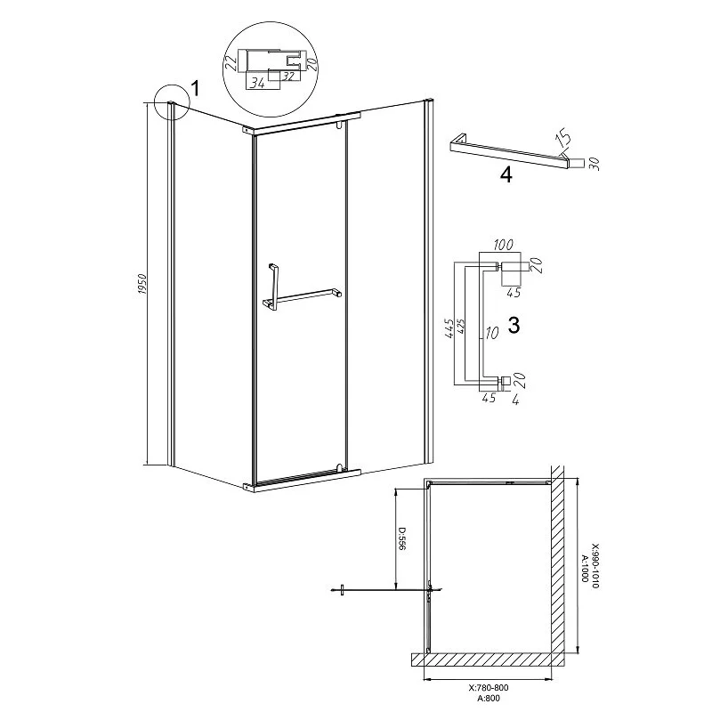 Душевой уголок Grossman 120.K33.03.1080.21.00 Pragma (100*80*195) черный матовый, стекло прозрачное, 2 места