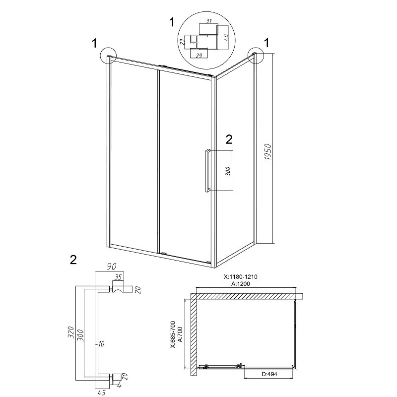 Душевой уголок Grossman 120.K33.02.1270.10.02 Cosmo (120*70*195) хром, стекло шиншилла, 2 места