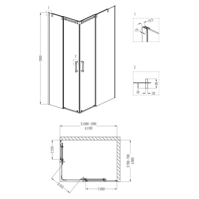 Душевой уголок Grossman GR-3110L Galaxy 110*80*190 прямоугольник, двери раздвижные 2 места