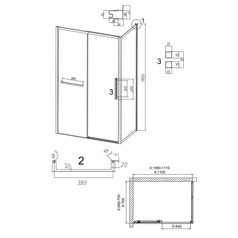 Душевой уголок Grossman 120.K33.05.1170.21.02 Style (110*70*195) черный матовый, стекло шиншилла, 2 места