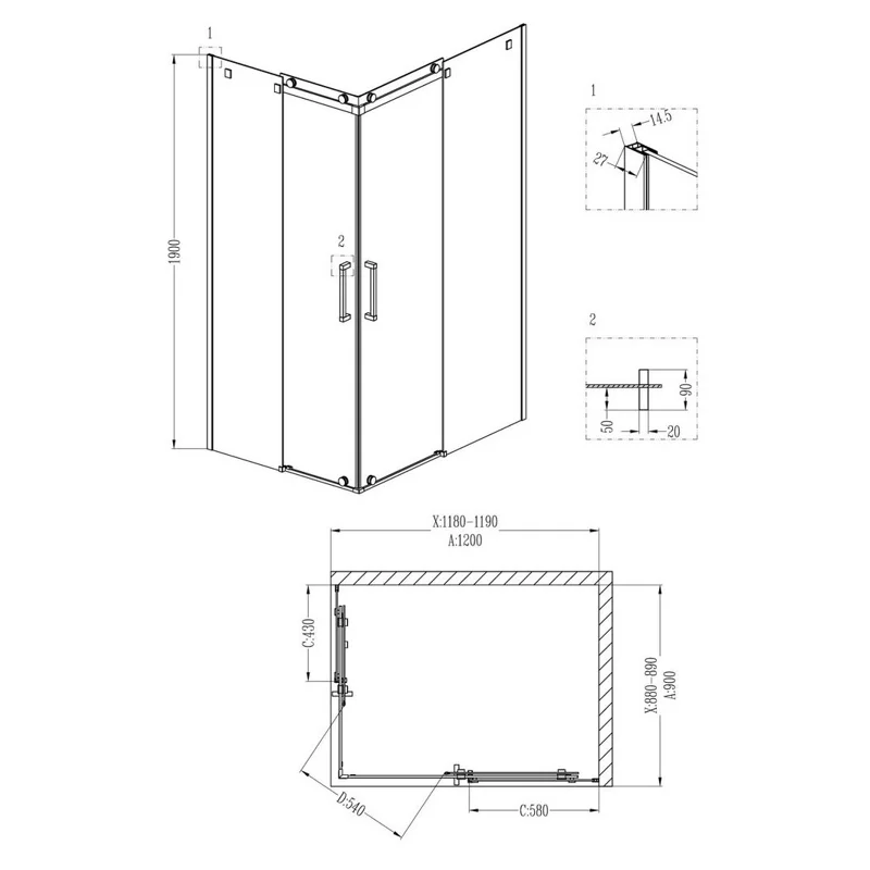 Душевой уголок Grossman GR-1120L Cosmo 120*90*190 прямоугольник, двери раздвижные 2 места