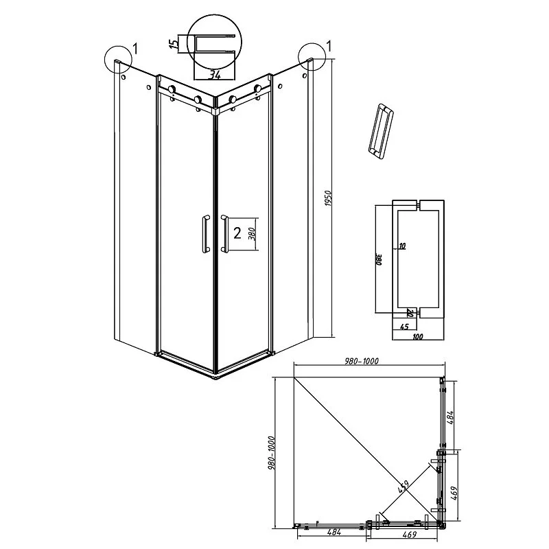 Душевой уголок Grossman 300.K33.04.1010.21.10 Classic (100*100*195) квадрат,раздвижн,черн.мат,стекло тонированное 2 места