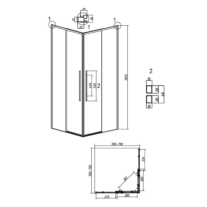 Душевой уголок Grossman 300.K33.01.8080.21.00 Galaxy (80*80*195) квадрат,раздвиж, черн.мат, стекло прозрач,1м