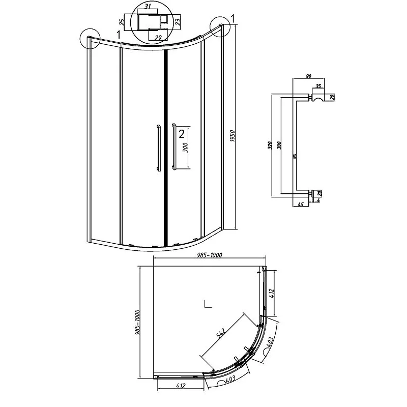 Душевой уголок Grossman 301.K33.02.1010.32.00 Cosmo (100*100*195) полукруг,раздвижн,золото сатин,стекло прозр